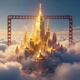 magical cloud city, beautiful, golden light, colourful movie frame, 8 k