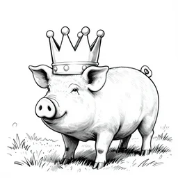 anaglyph 3d line landscape drawing of a pig wearing a crown in black and white, 35mm