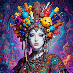 absurdly beautiful, fashionable young woman with clear white skin, wearing a headdress made from plastic toys, in the fourth dimension, psychedellic, ayahausca, tryptamine, hyperdetailed illustration by irakli nadar and alexandre ferra, intricate linework, unreal engine 5 highly rendered, global illumination, radiant light, detailed and intricate environment