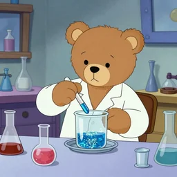Teddy bears mixing sparkling chemicals as mad scientists as a 1990s Saturday morning cartoon
