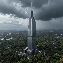 A skyscrapper in center of a forest, rain, dramatic sky, aerial view, hyperrealism, 4k octane render, photorealistic concept art, highly detailed
