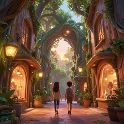 disney pixar cgi, two friends walking down narrow ally between futuristic organic giant tree shop fronts, wooden walls, sunset, organic bioluminescent street lights, forest canopy understory, cinematic lighting, octane render, digital art, highly detailed, artstation cgsociety masterpiece