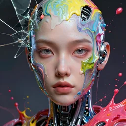 face closeup of beautiful cybernetic robot color smashing fluid oilpaint, 3 d render, hyper realistic detailed portrait, color leaves, melting wax, broken mirror, fluid acrilic,, ruan jia, wlop. scifi, fantasy, hyper detailed, octane render, concept art, by peter mohrbacher, by wlop