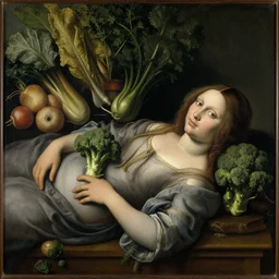a painting of a woman lying down, with broccoli hair, against a background of vegetables, still life, renaissance portrait