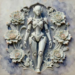 the most beautiful perfect symmetric breathtaking artwork ever made. cutout of an intricate porcelain android. holy goth neo steampunk cyberpunk photorealistic foreshortening depth of field 4 k 8 k unreal engine octane render oil painting watercolor photoshop trending on artstation by novak. carvings in the shape of flowers