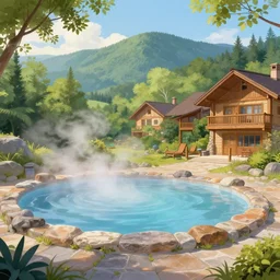 holiday resort, hot springs pool in the mountains, relaxing, summer, trees, steam clouds, detailed painting, trending on artstation