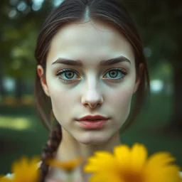 a photograph of a young woman in a park, dof, sharp focus, highly detailed face, symmetric face, realistic iris, cinestill 8 0 0 t, photography by krisanne johnson