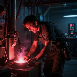 human man person, toiling away in agony in the laser mines to power computer 24 hours a day, 4k, bandolier
