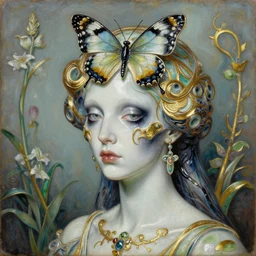 ceramic sharp focus extremely hyperrealistic horrifyingly beautiful 3 / 4 portrait oilpainting of bug lady of the skull butterfly portrait by michael hussar in style of michael hussar and rene lalique modern metropolitic artnouveau ceramic effect gild strips like ali franco's paintings 8 k botanical