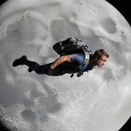 a man using a jetpack to fly to the moon. photographic, photography