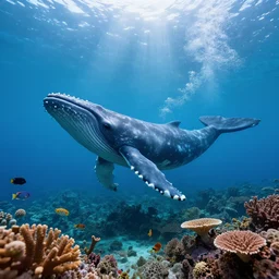 underwater, whales, corals, fancy fishes, atmospheric, dof, crystal water, wide angle, volumetric dynamic lighting, ethereal, very coherent composition, masterpiece, octane render, god rays, rtx on, trending on cgsociety and artstation