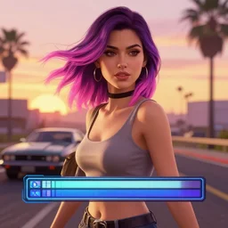 a stunning GTA V loading screen with a beautiful woman with ombre purple pink hairstyle, hair blowing in the wind, sunset, outrun, vaporware, retro, digital art, trending on artstation