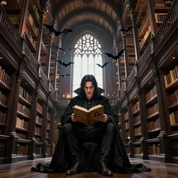 giant library, gothic architecture, dracula sits reading, bats, donato giancola