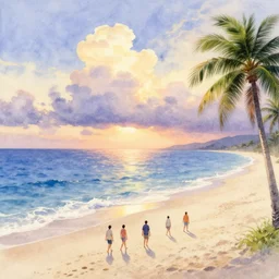 people going for a soothing walk on the beach during sunset, the sea is majestic and the water is clean, fluffy clouds reflect off the waves of the ocean, beautiful palm trees, clean sand, watercolor by thomas kinkade