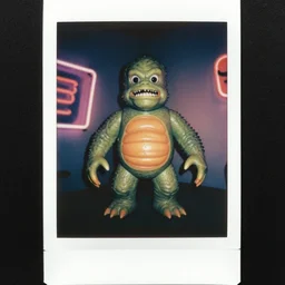 gary busey creature, 9 0 s toy commercial, photo from the 7 0 s, horror lighting, neon lighting, polaroid photo,