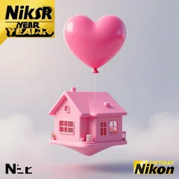 a 5 0 mm lens photograph of a cute pink floating modern house, floating up by a singular heart shaped vibrant ballon from above, inspired by the movie up. mist, playful composition canon, nikon, award winning, photo of the year