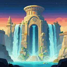 ancient structure with waterfalls, retrowave epic art, trending on art station