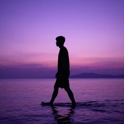 purple sunset with a real black silhouette of a man walking on water, and high detail
