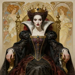 portrait of an evil queen on her throne, intricate, elegant, highly detailed, ray tracing, digital painting, artstation, concept art, smooth, sharp focus, illustration, art by artgerm and greg rutkowski and alphonse mucha, 8 k