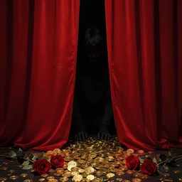 lonely dark character behind red curtains, gold money pieces and red roses on the ground, dark, sad, dystopian, capitalist, behind the scene, by rokas aleliunas and zdzisław beksinski, smooth, octane, trending on artstation, red gold and black, no watermark, textless