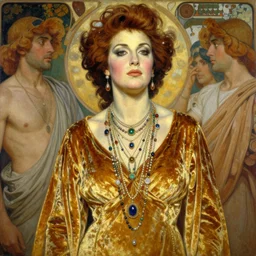 highly detailed oil painting, george carlin, glowing skin, gold ombre velvet gown, greek scene, beautiful face by leyendecker, dozens of jeweled necklaces, by greg rutkowski, brom, anato finnstark, alphonse mucha, cinematic lighting,
