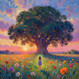 gigantic flower head, girl standing in flower field, surreal photography, big trees, sunrise dramatic light, impressionist painting, colorful clouds, digital painting, pointillism, artstation, simon stalenhag
