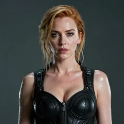 portrait shot of christina hendricks in cyberpunk clothed, shiny skin, wet, oily, intricate, elegant, highly detailed, centered, zeiss lens, canon eos, cinematic lighting, photography, film still