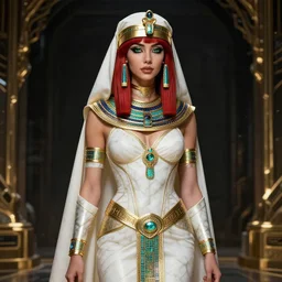 red - haired final fantasy white marble egyptian nun, warframe armor, regal, attractive, ornate, sultry, sexy, beautiful, charleze theron, pretty face, green eyes, scifi platform, 4 k, ultra realistic, epic lighting, illuminated, cinematic, black gold, art by alexandra petruk, voidstar