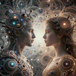 a portrait of gemini man and woman fantasy character portrait made of fractals facing each other, ultra realistic, wide angle, intricate details, the fifth element artifacts, highly detailed by peter mohrbacher, hajime sorayama, wayne barlowe, boris vallejo, aaron horkey, gaston bussiere, craig mullins