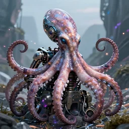 portrait of a a cyborg octopus in a scenic environment, cyberpunk, mechanical parts, electric sparks, trending on artstation