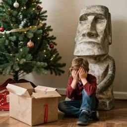 a kid at christmas disappointed and sad looking a giant moai statue, his hands buried in his face, sitting down. | inside of a house next to a christmas tree, large opened present box next to the moai