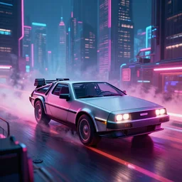 delorean in a cyberpunk city with skyscrapers, artstation award winner, digital art,  volumetric lighting, neon colors, smoke, edge light,short telephoto, octane render, highly detailed