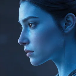 Close-up side profile portrait of an attractive greek woman with an aquiline nose a strong jawline, and translucent blue skin with a blue subsurface energy glow effect. Facing left, looking down. Weta Digital. Animal Logic. Industrial Light & Magic.