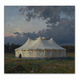a beautiful painting of a circus tent in a field at dusk, detailed, abbey edwin austin, andreas achenbach, cinematic, gloomy atmosphere