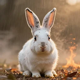 “white bunny with black spots on face, staring at you in hell fog, raining fire, volumetric lighting, golden hour, sharp focus, ultra detailed”