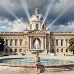 neoclassical building with dome in a square next to a fountain, blonde hair, pinterest, artstation trending, behance, watercolor, by coby whitmore, silver, laser light,