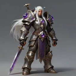 world of warcraft concept art, barbarian warrior woman, heavy armor with amethysts, long white hair