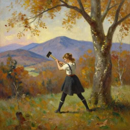 landscape portrait of a girl swinging an axe, swinging axe at a hickory tree, autumn mountains, romantic, original oil on canvas painting by william sydney mount, trending on artstation