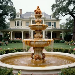 Incredible ornate rich beefy gravy fountain in the gardens of the fried chicken mansion. Photograph from Booneville, Louisiana (1971)