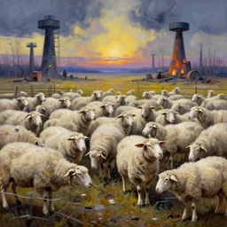 sheeps in a farm after nuclear winter, dystopian surrealism by zdzisław beksinski, digital painting, vibrant color
