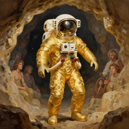 golden astronaut in cave, digital painting by dean cornwall, rhads, john berkey, tom whalen, alex grey, alphonse mucha, donoto giancola,