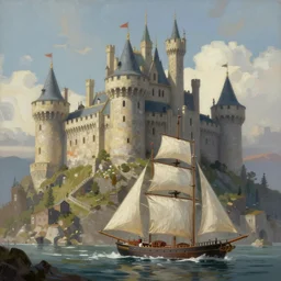 a painting of a castle with a sailboat in front of it, concept art by tyler edlin, artstation, fantasy art, concept art, artstation hq, matte painting