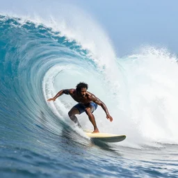 a wide angle dynamic action photo of a black man with dreadlocks surfing a barrel wave, by clark little and rhads, concept art by artgerm