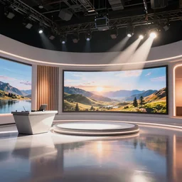 super detailed v-ray render broadcasts studio set, architectural digest wide shot highly reflective light