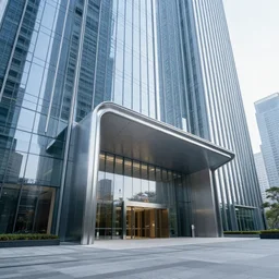 entrance to skyscraper, skyscraper courtyard, photorealistic, slick, smooth, modern, futuristic, glassy, reflective streamlined