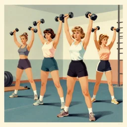 girls weighlifting dumbells in a gym, very coherent, 1 9 7 0 s propaganda poster art, four tone, muted colors