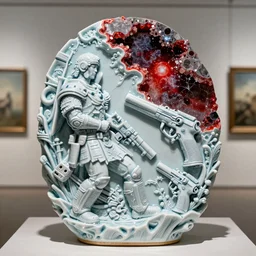 the war multiverse, highly detailed carving on southern ice porcelain, partially red crystallized, guns, red nebulas, art gallery