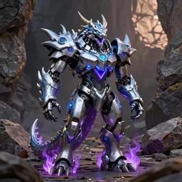 Snarling biomechanical anthropomorphic robot dragon armor standing in a rock quarry, high contrast, magic hour photography, good value control, rule of thirds, centered, science fiction, silver and blue color schemes, rubber suit, ultra realistic, glowing eyes, glowing mouth, low purple flame, high quality, 4k, concept art, illustration, League of Legends Character Splash Art