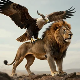 human / eagle / lion / ox hybrid with two horns, one beak, mane and human body. beautiful dynamic lighting, cinematic, wide angle establishing shot, extremely high detail, photo realistic, cinematic lighting, post processed, concept art, artstation, matte painting, style by frederic church, raphael lacoste, unreal engine 8 k