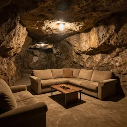 an underground living room, rock walls, comfy sofa, artificial lighting, underground, no windows